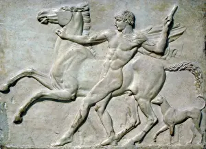 Prints of Roman art. Bas-relief. Boy with a horse, probably Castor taming his horse, acompanied by a dog. Found in the pantanella of Hadrians Villa at Tivoli. 125 AD. British Museum. London. England Museum Prints: Roman Relief Print: Boy with Horse, Castor Taming his Steed