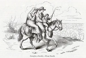 Roman family of three travelling on horseback, Italy Roman family of three travelling on horseback, Italy