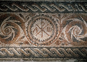 Roman mosaic depicting the Chi-Rho symbol with alpha and ome Roman mosaic depicting the Chi-Rho symbol with alpha and ome