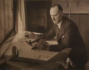 Geoffrey de Havilland with Mosquito Model Print