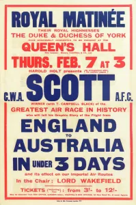 Prints of Poster, Royal Matinee, Queens Hall, London, CWA Scott AFC will tell his graphic story of the flight from England to Australia in under 3 days Royalty Prints: Scott's Flight from England to Australia Print, 1935