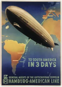 Prints of Poster advertising the German Zeppelin Hamburg-American Line, LZ 127 Graf Zeppelin airship service from Friedrichshafen, Germany, to Buenos Aires, Argentina. circa 1934 Germany Prints: Zeppelin to South America Print, circa 1934
