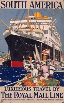 Prints of Striking poster for the Royal Mail Shipping Line to South America, depicting a large ship or passenger liner nearing a harbour Related Prints: Royal Mail Line Poster Print: South American Harbour Scene