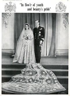 <b class=qtipBold><figcaption>Royal Wedding 1947</figcaption></b><br>Princess Elizabeth (Queen Elizabeth II) and Prince Philip, Duke of Edinburgh (formerly Lieutenant Philip Mountbatten) pose together for an official photograph following their marriage at Westminster Abbey on 20 November 1947. Date: 1947<br><em>© Illustrated London News Ltd/Mary Evans</em> Royal Wedding 1947