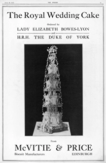 <b class=qtipBold><figcaption>Royal Wedding Cake, 1923</figcaption></b><br>A full page advertisement in the April issue of The Sphere covering the royal wedding of the Duke of York to Lady Elizabeth Bowes Lyon, placed by McVitie and Price of Edinburgh, who strangely, call themselves biscuit makers. Date: 1923<br><em>© Illustrated London News Ltd/Mar</em> Royal Wedding Cake, 1923