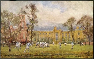 <b class=qtipBold><figcaption>Rugby at Rugby</figcaption></b><br>A game of rugby football is in progress on the playing field. Players are permitted to handle the ball, within limits, and formerly any number of boys could play.<br><em>© Mary Evans Picture Library</em> Rugby at Rugby