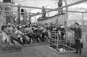 Pull Gallery: Sailors hauling a boat onto the deck of a ship, WW1