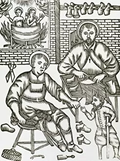 Two Saints make shoes being tempted by the devil. Engraving