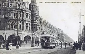 Prints of The Salisbury Hotel, a Grade II listed pub on Grand Parade - at the junction of St. Anns Road / Green Lanes, Harringay, London - built by the prolific Scottish builder J C Hill Transport Prints: Circa 1904 Print of The Salisbury Hotel, Harringay, London