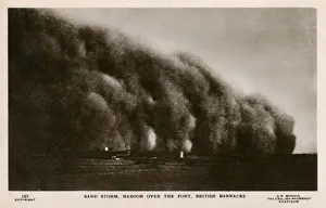 <b class=qtipBold><figcaption>A sandstorm in the Sudanese desert</figcaption></b><br>A sandstorm in the Sudanese desert - an immense cloud of sand rises up over the Fort and British Barracks, Khartoum, Sudan. Date: circa 1920s<br><em>© Mary Evans / Grenville Collins Postcard Collection</em> A sandstorm in the Sudanese desert