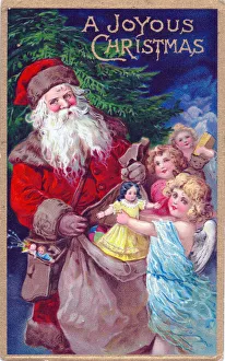 Santa Claus with angel and children on a Christmas postcard Santa Claus with angel and children on a Christmas postcard