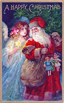 Santa Claus with an angel on a Christmas postcard Santa Claus with an angel on a Christmas postcard