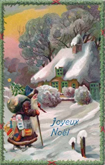 Santa Claus bringing presents on a French Christmas postcard Santa Claus bringing presents on a French Christmas postcard