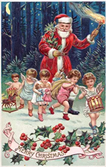 Santa Claus with cherubs on a Christmas postcard Santa Claus with cherubs on a Christmas postcard