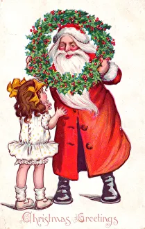 Santa Claus with girl and holly on a Christmas postcard Santa Claus with girl and holly on a Christmas postcard
