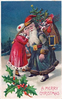 Whispering Gallery: Santa Claus with girl and presents on a Christmas postcard