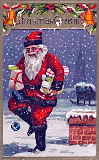 Parcel Gallery: Santa Claus on a house roof on a Christmas postcard