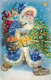 Santa Claus with lantern and tree on a Christmas postcard Santa Claus with lantern and tree on a Christmas postcard