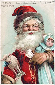 Santa Claus with presents on a Christmas postcard Santa Claus with presents on a Christmas postcard