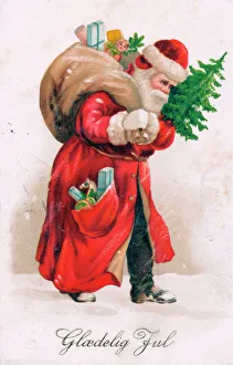 Santa Claus with presents on a Danish Christmas postcard Santa Claus with presents on a Danish Christmas postcard