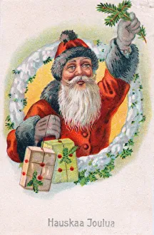 Santa Claus with presents on a Finnish Christmas postcard Santa Claus with presents on a Finnish Christmas postcard