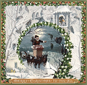Santa Claus with reindeer on a Christmas card Santa Claus with reindeer on a Christmas card