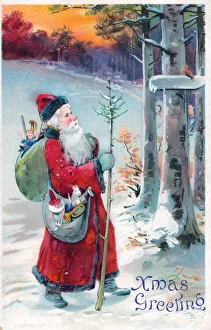 Santa Claus with sack of presents on a Christmas postcard Santa Claus with sack of presents on a Christmas postcard