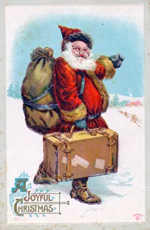 Santa Claus with sack and suitcase on a Christmas postcard Santa Claus with sack and suitcase on a Christmas postcard
