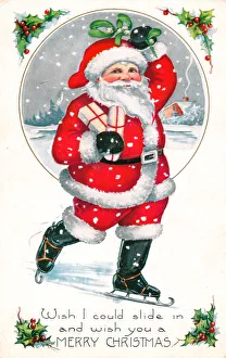 Santa Claus skating on a Christmas postcard Santa Claus skating on a Christmas postcard