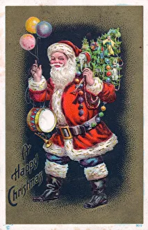 Santa Claus with tree and balloons on a Christmas postcard Santa Claus with tree and balloons on a Christmas postcard