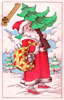 Santa Claus with tree on a French Christmas postcard Santa Claus with tree on a French Christmas postcard