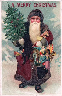 Santa Claus with tree and sack on a Christmas postcard Santa Claus with tree and sack on a Christmas postcard