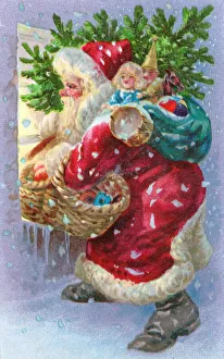 Santa Claus at a window on a Christmas postcard Santa Claus at a window on a Christmas postcard