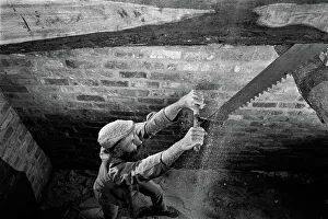 Timber Gallery: The bottom sawyer in a saw pit cutting a timber log into pla
