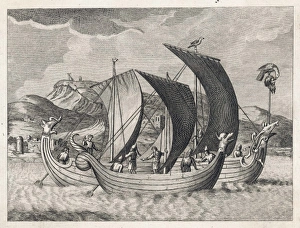 <b class=qtipBold><figcaption>Saxon Ships</figcaption></b><br>Three Saxon sailing vessels in the English Channel off Dover. Note the head having its eyes pecked out by a passing seagull...<br><em>© Mary Evans Picture Library</em> Saxon Ships