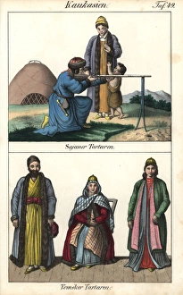 Sayan Tatar man firing a musket, and three Sayan Tatar man firing a musket, and three