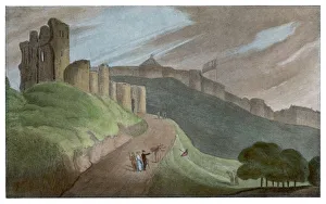 <b class=qtipBold><figcaption>Scarborough Castle 1813</figcaption></b><br>Scarborough, Yorkshire: a lady's parasol is blown away by the wind after a visit to the ruined castle<br><em>© Mary Evans Picture Library</em> Scarborough Castle 1813
