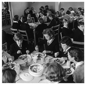 <b class=qtipBold><figcaption>School Dinners 1956</figcaption></b><br>Pupils tuck into their school dinners at the Dorothy Stringer Secondary School, Brighton.<br><em>© Mary Evans Picture Library/HENRY GRANT</em> School Dinners 1956
