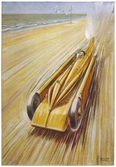 <b class=qtipBold><figcaption>Seagraves Golden Arrow</figcaption></b><br>Henry Seagrave drives his 'Golden Arrow; at Daytona Beach, Florida, achieving a speed of 372 km/h.<br><em>© Mary Evans Picture Library</em> Seagraves Golden Arrow