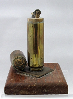 Second World War Trench Art lighter on wooden plinth Second World War Trench Art lighter on wooden plinth
