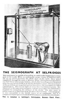 Prints of Seismograph on display in the Information Bureau, on the third floor of Selfridges department store, Oxford Street, London, used for recording earthquakes. Date: circa 1932 Science Museum Prints: Seismograph Print, Selfridges, circa 1932