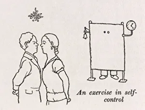 <b class=qtipBold><figcaption>self-control / W H Robinson</figcaption></b><br>An exercise in self-control. A man and woman, under mistletoe, and a third party behind a screen timing the length of their resistance to kiss. Please note: Credit must appear as (c) Courtesy of the estate of Mrs J.C.Robinson/Pollinger Ltd/Mary Evans Picture Library<br><em>© Mary Evans Picture Library 2015 - https://copyrighthub.org/s0/hub1/creation/maryevans/MaryEvansPictureID/10412514</em> self-control / W H Robinson