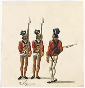 Quick Gallery: Sepoys and an Indian officer, Bengal Army, 1815 (c)