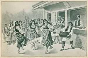 Prints of RAINMAKING, SERBIA In times of drought, young Dodoles go from village to village in costumes garnished with foliage, dancing while the peasants water the ground Serbia Prints: Serbian Shepherds Rainmaking Print, Serbia