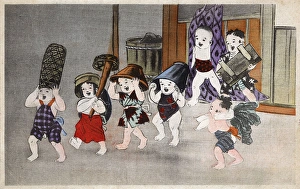 Seven young Japanese toddlers fooling around Seven young Japanese toddlers fooling around
