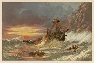 <b class=qtipBold><figcaption>Ship on the Rocks</figcaption></b><br>A large sailing ship is hurled against the rocks by stormwaves : survivors cling to wreckage which the waves drive ashore.<br><em>© Mary Evans Picture Library</em> Ship on the Rocks
