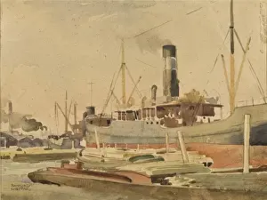 Ships in Dock Watercolour Print circa late 1940s