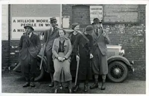 Prints of Shooting Party, Cromer, Norwich, near Sherringham, Norfolk, England. Showing 1920s Austin Vintage Car, Shotguns and Shooting Stick Date: 1940s Norwich Prints: Cromer Shooting Party Vintage Print, Norfolk England 1940s