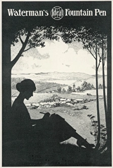 <b class=qtipBold><figcaption>Silhouette/Woman Writes</figcaption></b><br>Advertisement for a fountain pen featuring a silhouette of a woman sitting under a tree writing.<br><em>© Mary Evans Picture Library</em> Silhouette/Woman Writes