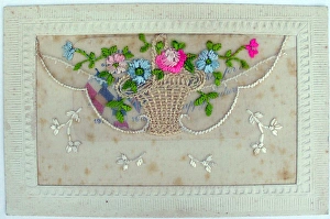 Silk postcard embroidered with flowers in a basket Silk postcard embroidered with flowers in a basket